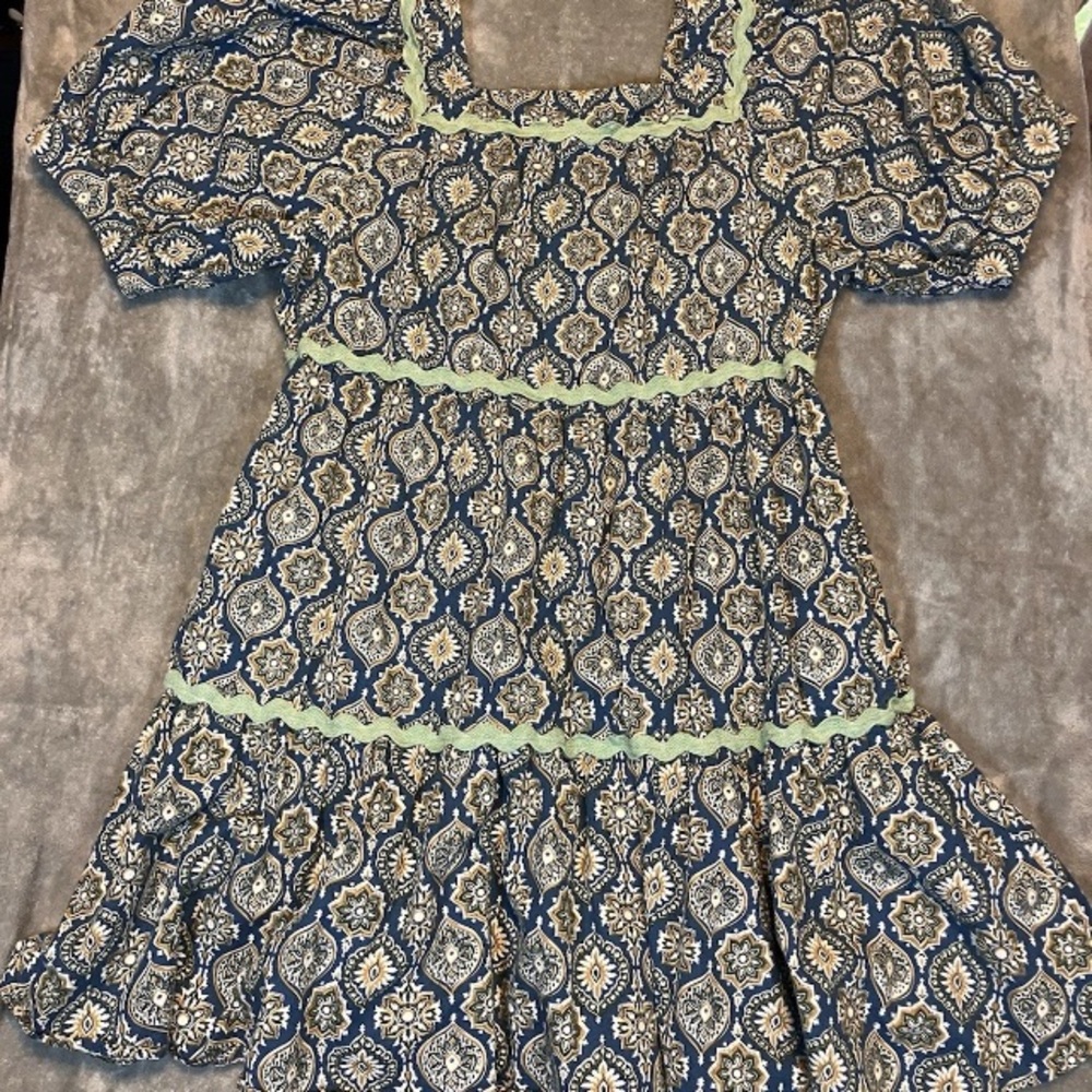 JODIFL Blue and Cream Patterned Dress Milkmaid Puff Sleeve - Picture 2 of 9